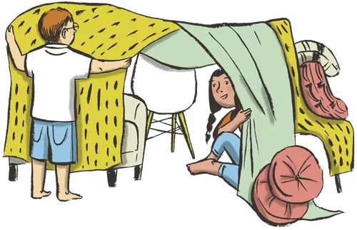 children building fort with blankets and chairs