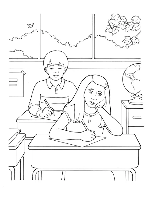 A black-and-white illustration of a girl sitting at a desk in a classroom, listening to a teacher, and holding a pencil, ready to take notes.