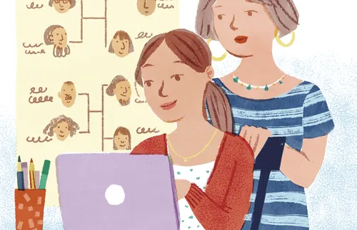 daughter and mother at computer doing family history