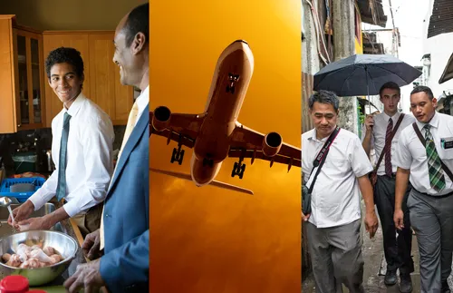 composite of young man, airplane, missionaries