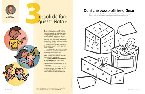 PDF della pagina con illustrazioni di bambini che si comportano gentilmente; con un’attività per colorare i regali di Natale