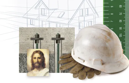 various construction items and painting of Christ