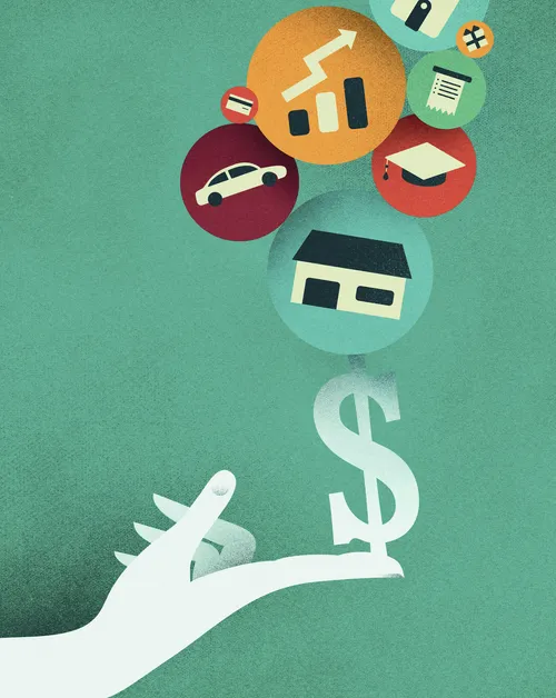 hand balancing financial symbols