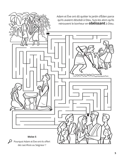 Coloriage au format PDF représentant des scènes de la vie d’Adam et Ève, plus une activité de labyrinthe