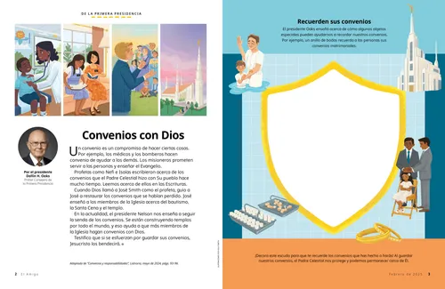 Página en PDF de un niño con un médico; hermanas misioneras, José Smith enseñando y un templo; además de una actividad para dibujar sobre un escudo