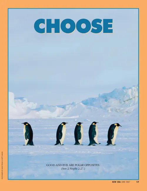 A photograph of a penguin walking in the opposite direction from a row of four other penguins, paired with the word “Choose."