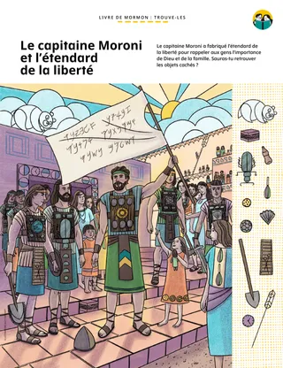 Illustration de Moroni tenant l’étendard de la liberté, entouré de gens