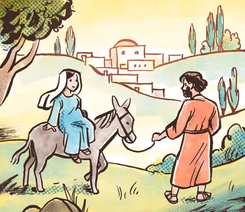 This image is panel 3 Illustrate 7 panels, depicting the Savior’s birth. Panel 1: An angel talking to Mary. The angel talking. A “thought bubble” shows the baby Jesus, or Mary holding Him. Panel 2: Joseph working as a carpenter. Panel 3: Joseph and a pregnant Mary traveling on the road. Panel 4: Mary and Joseph in the stable. Mary is resting and Joseph is gathering hay or getting the manger ready. A few stable animals are nearby. Panel 5: An angel (male) visiting the shepherds and pointing toward Bethlehem in the distance. (Both male and female angels may be portrayed in the host of angels.) Panel 6: Mary, Joseph, and the baby. Shepherds are standing and kneeling around. Everyone looks happy. A star shines in the sky. Panel 7: Modern day, a child gazing happily at a nativity scene at home or looking at a nativity display outside.