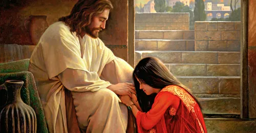 Jesus Christ with woman at His feet