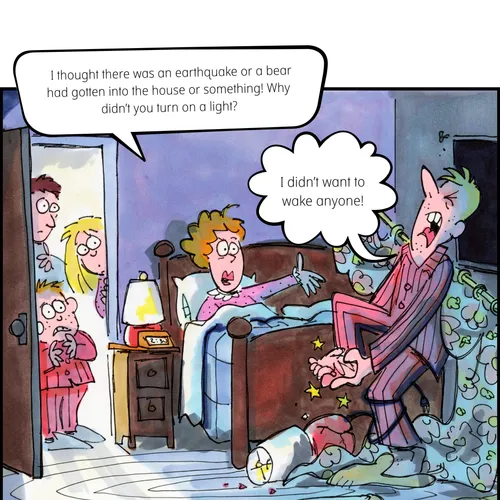 pajama-clad man covered in drapes and other household items, woman in bed turning on light