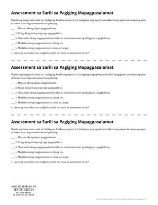 Handout na Pag-assess sa Sarili ukol sa Pagiging Mapagpasalamat