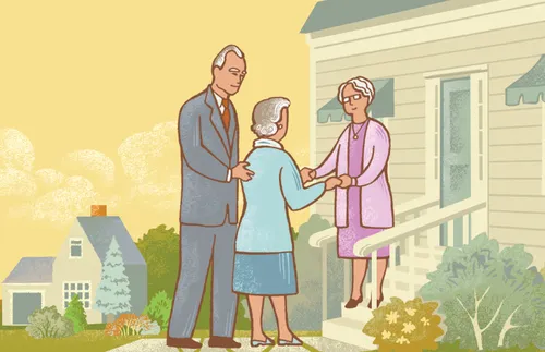 couple visiting an elderly woman