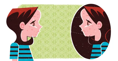 young woman seeing imperfections in the mirror