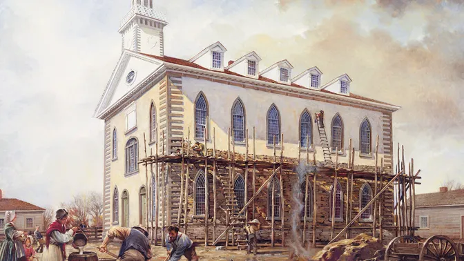 Painting depicts the Kirtland Temple under construction with scaffolding around walls and the mixing of plaster, by Walter Rane.