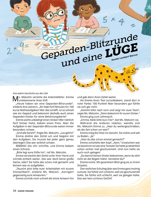 Artikel (PDF) mit Illustrationen von Gepardenaufklebern, einem Mädchen, das nervös auf seine Schulbank schaut, und einem Mädchen, das mit seiner Mutter betet