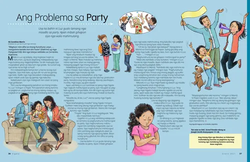 Pahina nga PDF nga adunay mga paghulagway sa usa ka batang babaye uban sa iyang mga higala, nga naglingkod kauban sa iyang mga ginikanan, nag-ampo, ug nagsaulog uban sa iyang mga ginikanan