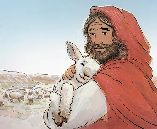 Jesus holding a small lamb