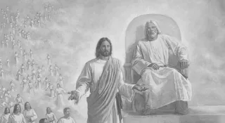 Many spirits watch as Jehovah presents his plan to Heavenly Father.