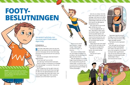 PDF-side med illustrasjoner av en gutt som klør seg i hodet, spiller footy, ber i en bil, og går til kirken sammen med familien sin