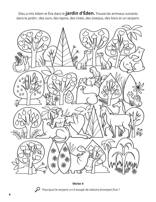 Coloriage au format PDF représentant Adam et Ève dans le jardin d’Éden avec des plantes et des animaux
