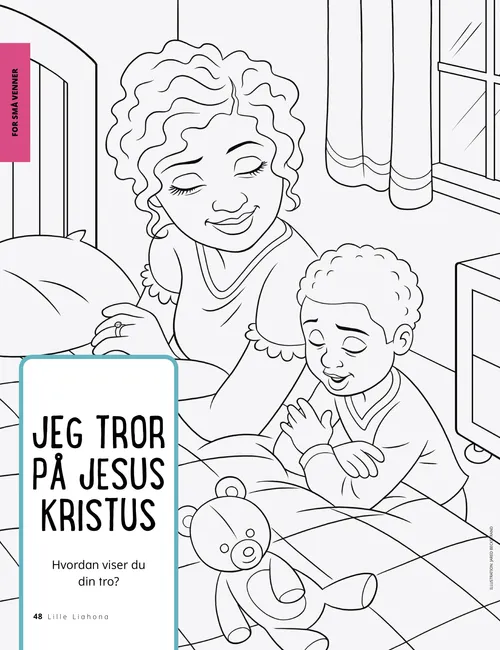 PDF-malebogsside af en kvinde og en dreng, der knæler ved en seng for at bede