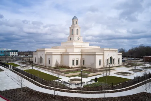 An exterior image of the Bentonville Arkansas Temple taken in the day. 