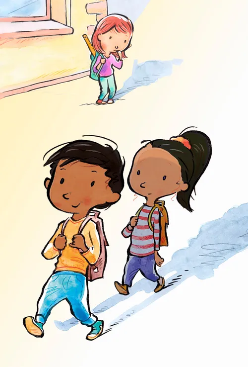 girl watching brother and sister walking to school