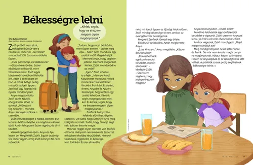 PDF-oldal illusztrációkkal, amelyeken egy lány átöleli a nővérét, valamint a lány, aki a reggelinél az anyukájával ül, miközben egy folyóiratból olvasnak