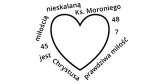 rysunek przedstawiający serce z odsyłaczem i kluczowym sformułowaniem dla Ks. Moroniego 7:45–48, zapisanymi dookoła serca w przypadkowej kolejności