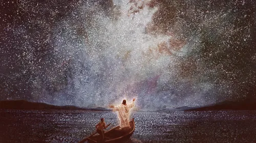 Jesus in a boat with another man beneath a starry sky
