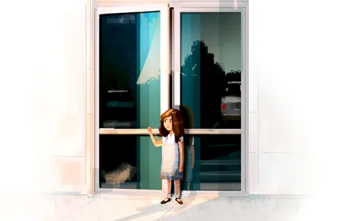 little girl standing outside church building
