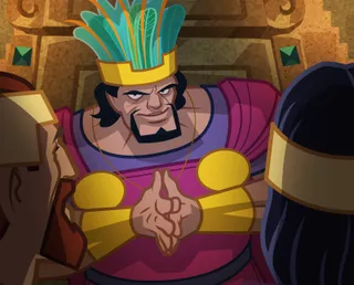 King Noah presses hands together and talks to priests