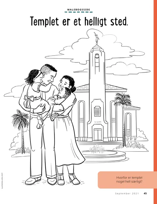 PDF-malebogsside med en familie, der står foran et tempel