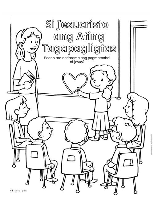 Pahinang kukulayan tungkol sa isang guro at mga bata sa klase sa Primary at isang bata na nagdodrowing ng puso sa pisara