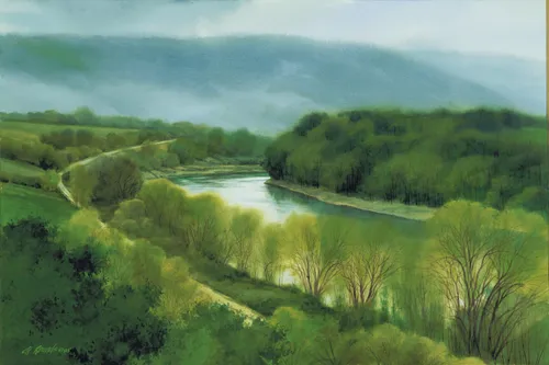 The Susquehanna River in Harmony, Pennsylvania and surrounding landscape of fields and groves of trees. * [historical notes]: * 1) Joseph Smith, Jr. and his wife Emma Hale Smith lived in a log cabin in Harmony, Pennsylvania while Emma served as scribe for Joseph during the translation of part of the Book of Mormon. * 2) On May 15, 1829, Joseph Smith, Jr. and Oliver Cowdery went into the woods near the Susquehanna River and prayed to know more about baptism and the remission of sins. John the Baptist appeared to them and conferred the Aaronic Priesthood upon them. They then baptized each other.