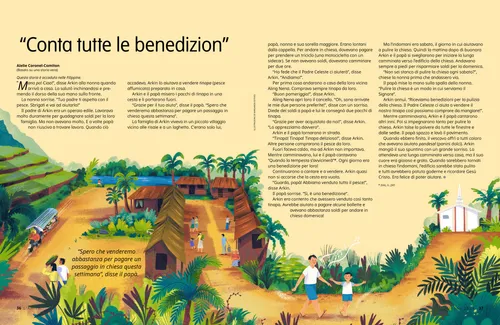 PDF della pagina con l’illustrazione di un uomo e un bambino che camminano in un villaggio delle Filippine diretti a un edificio della Chiesa