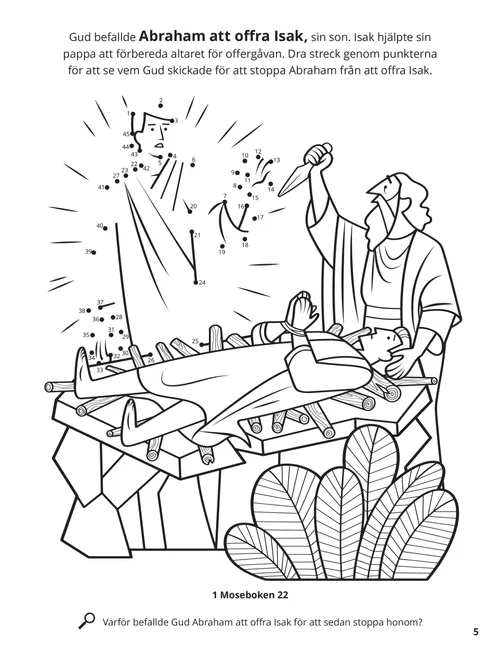 Färgläggnings-pdf med Abraham som står redo att offra Isak, plus en prick-till-prick-aktivitet.