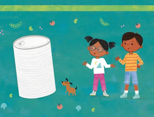 Boy and girl looking at a giant can