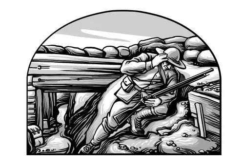 soldier crouched in a World War I foxhole