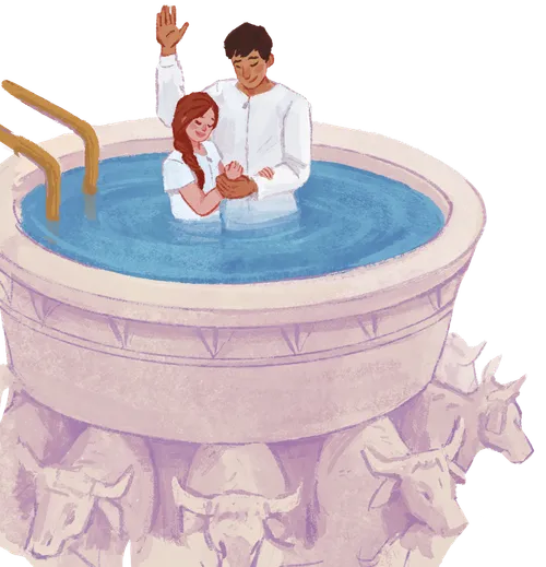 A girl being baptized in a temple baptismal font