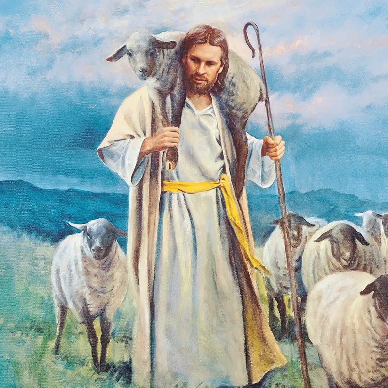 Jesus lays a lost sheep on His shoulders to bring it home