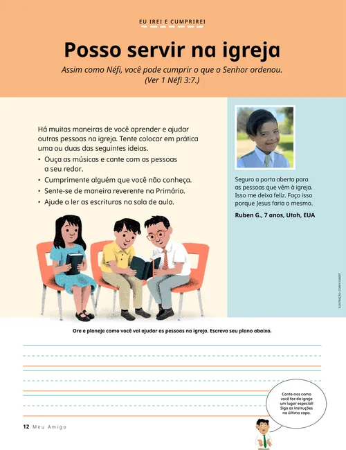 Página em PDF de crianças lendo as escrituras na Primária e linhas para uma atividade escrita