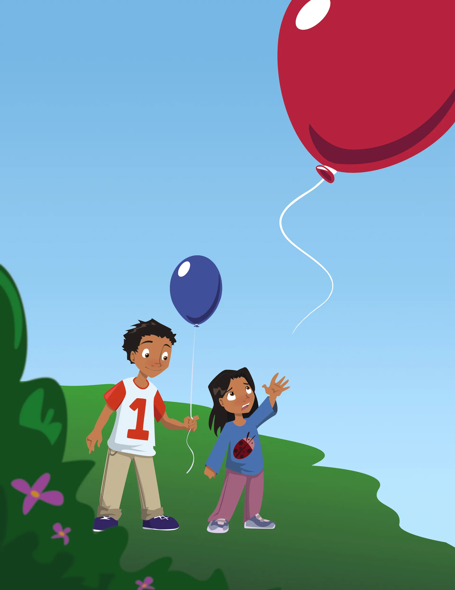 A little girl accidentally lets go of her balloon, and her brother hands her another one.