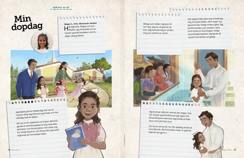 Pdf-sida där en flicka går till ett möteshus med sin familj, håller i en anteckningsbok, döps och kramar sin pappa.