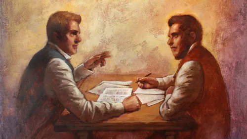 Joseph Smith and Sidney Rigdon sitting at a table while Joseph dictates the inspired revision of the Bible