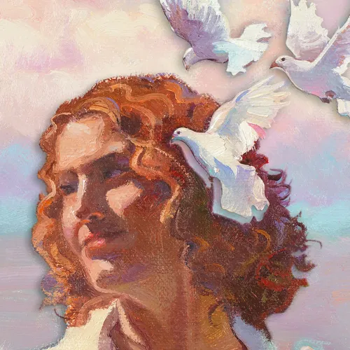 smiling woman with birds flying by her