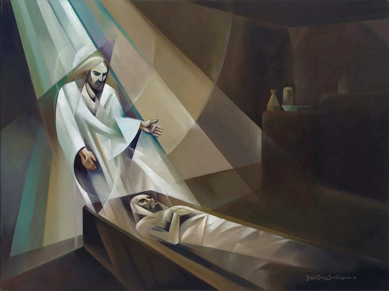 The spirit of Jesus Christ descends in a ray of light to reenter the crucified body that lies in the sepulcher (Luke 24:6-7). Geometric shapes compose this sacred scene from the life of Jesus Christ in the artist’s unique style of sacrocubism.