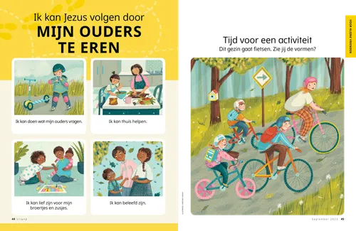 Pdf met illustraties van kinderen met een helm op die op een step rijden, een maaltijd bereiden, met het gezin een bordspel spelen en met hun ouders buiten wandelen; en een activiteit om vormen te vinden in een illustratie van een gezin op een fietstocht