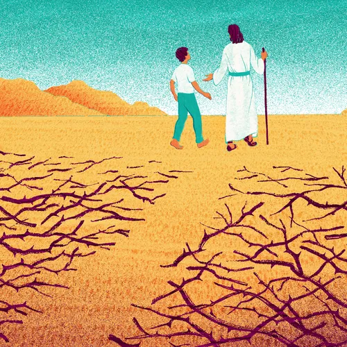 young man and Jesus Christ walking away from thorny branches