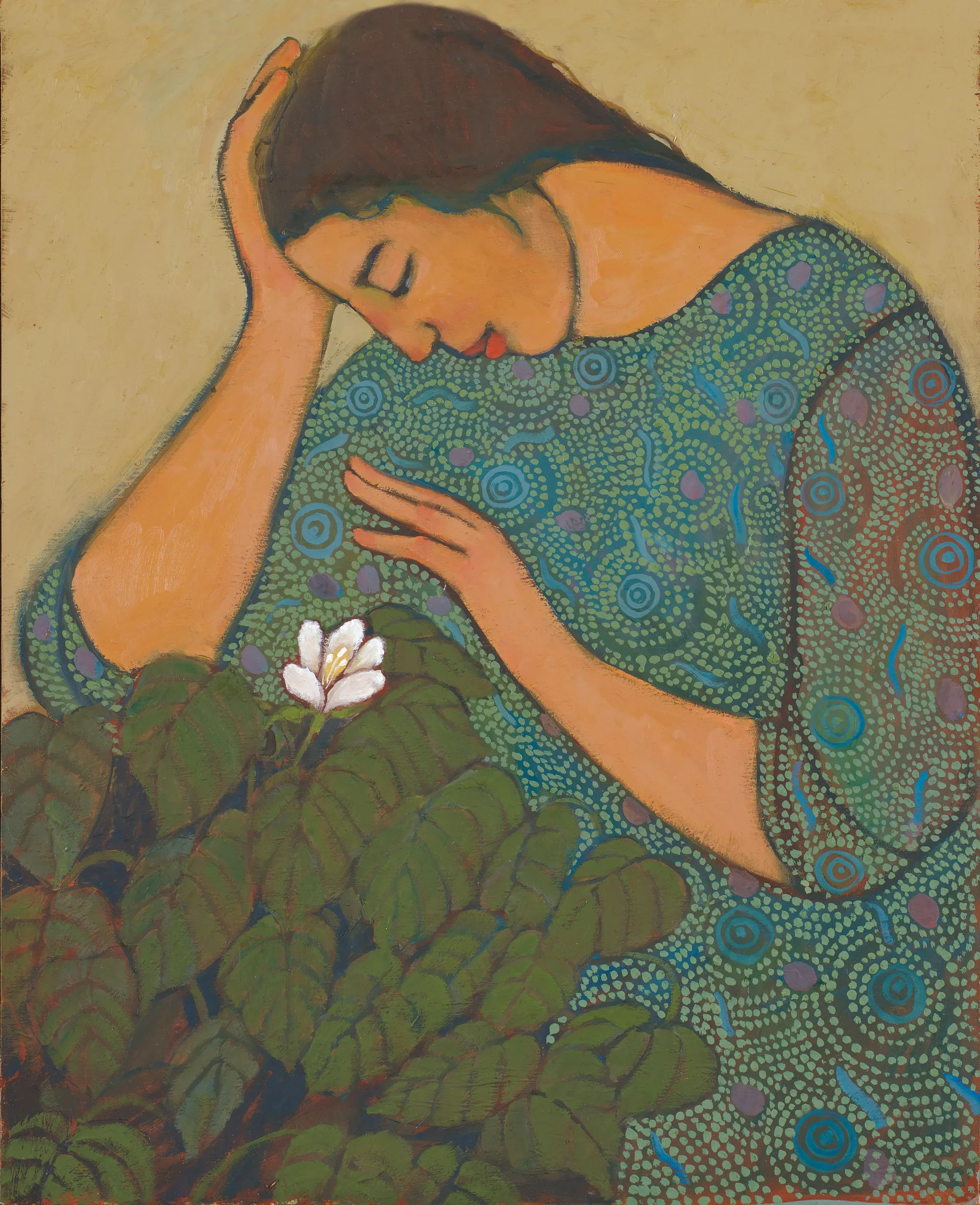 Depiction of a woman and a flowering plant.
